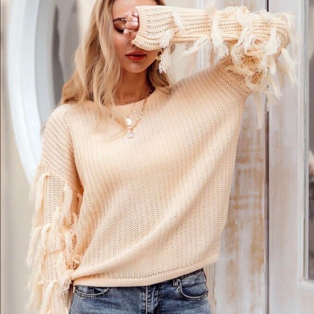 Cream fringe sleeve sweater